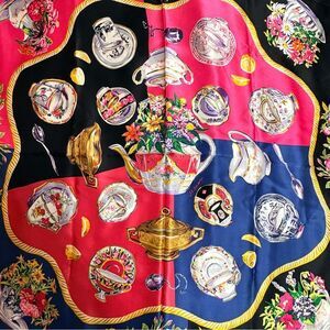 Vintage Eve Stillman Design Large Silk Scarf Teacups, Teapots & Flowers Print